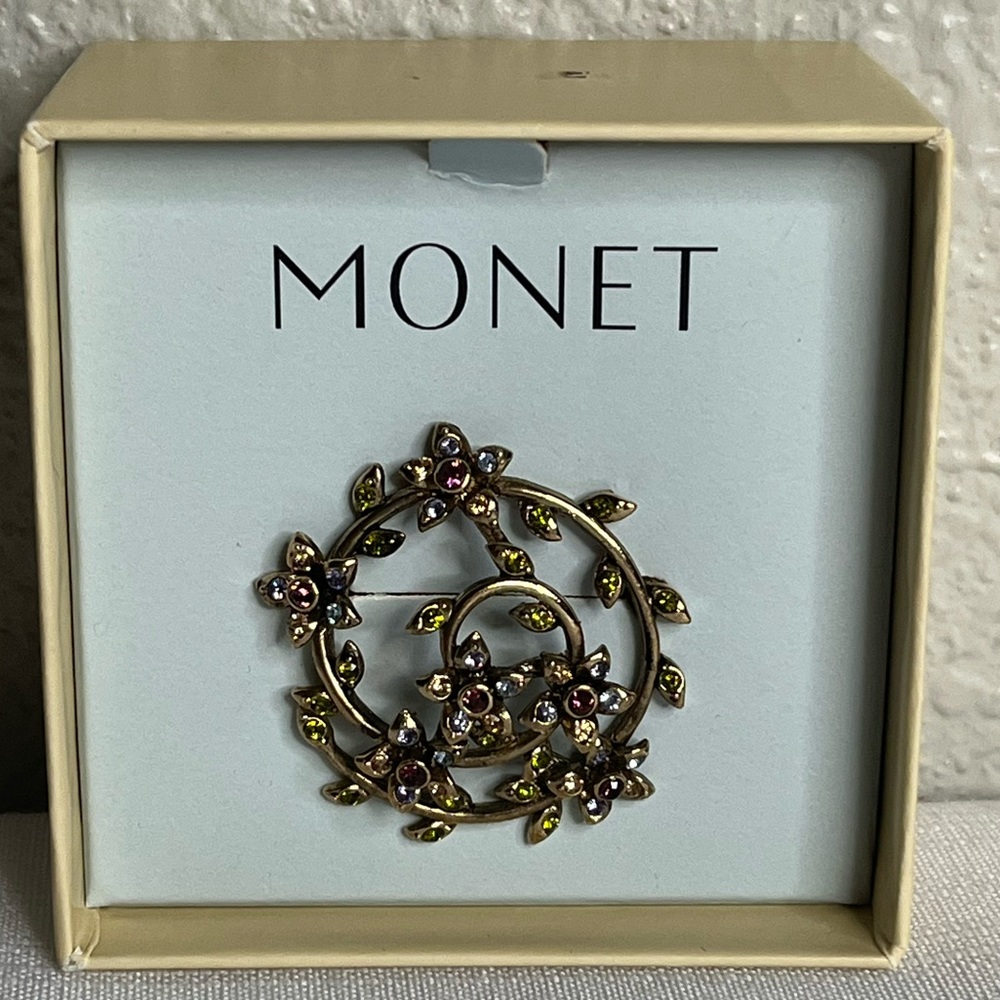 Monet Gold Tone Spiral Rhinestone Brooch Multi Color NIB